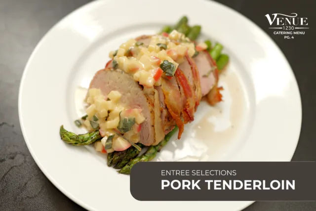 Pork tenderloin slices with roasted asparagus and a chopped fruit salsa on a white plate; Venue Catering Menu watermark in corner on brown overlay.