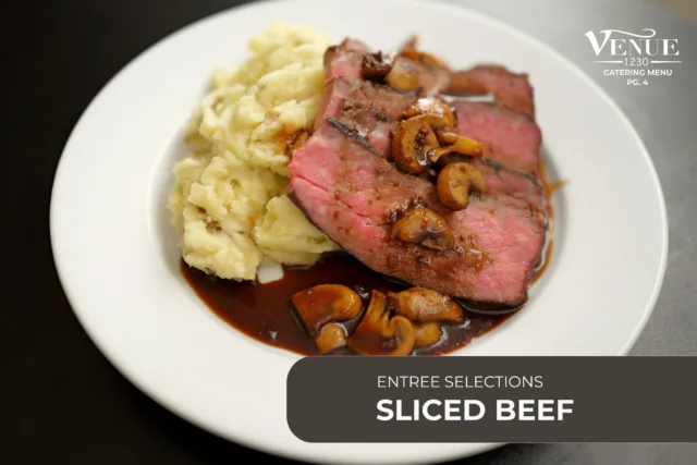 Beef tenderloin slices with mushroom gravy and mashed potatoes on a white plate; Venue Catering Menu text appears in the corner.